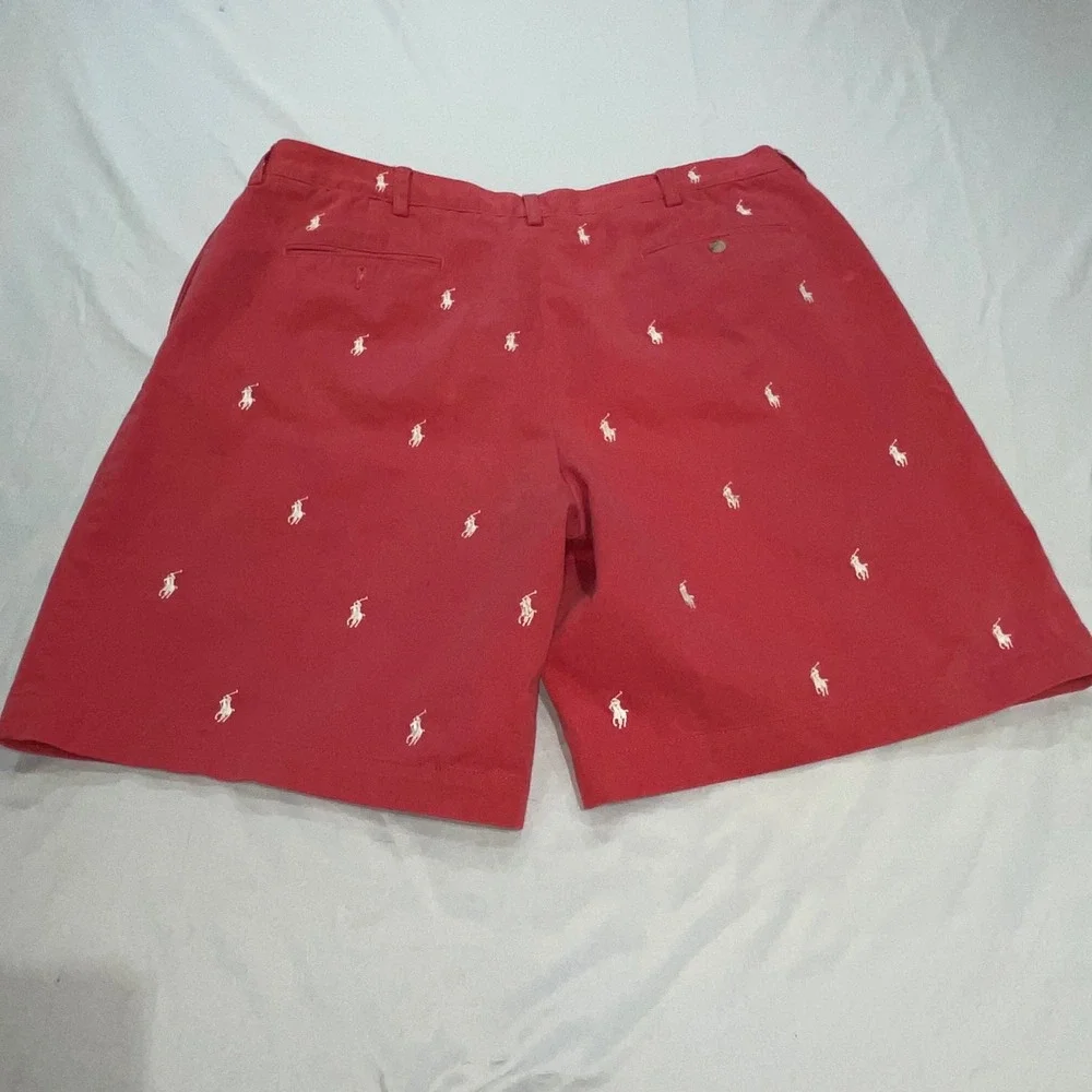 Polo Ralph Lauren Mens Tyler Short Red All Over Embroidered Pony Cotton Pleated